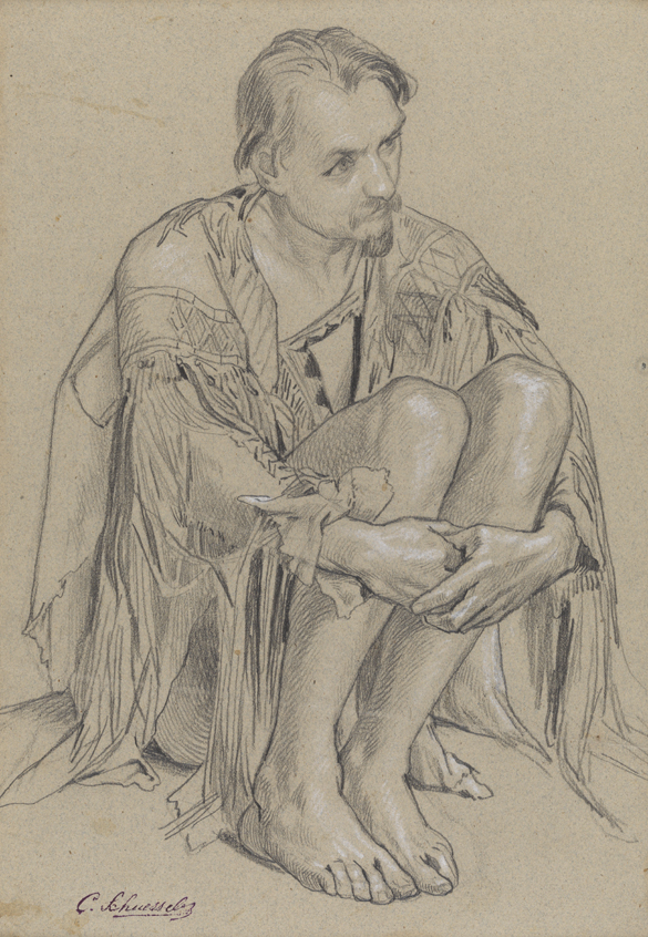 [Figure study: male seated wearing deerskin jacket]