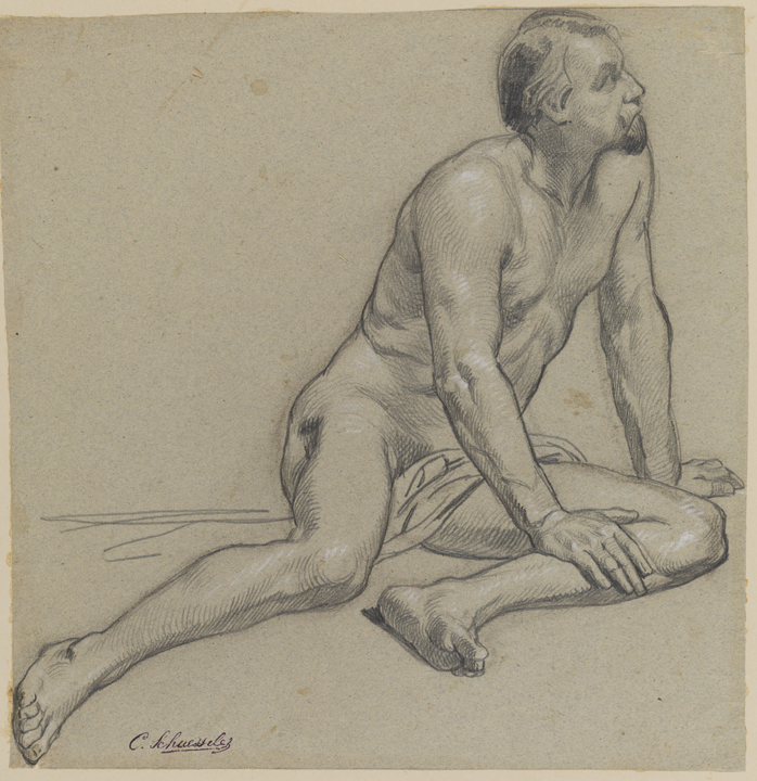 [Figure study: male nude, seated on floor with drape cloth]