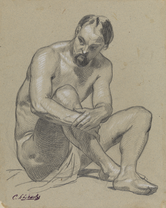 [Figure study: male nude seated, grasping right knee]