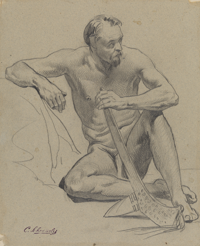 [Figure study: male nude seated, holding tomahawk]