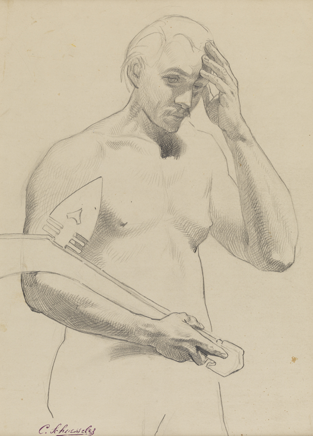 [Figure study: male nude holding tomahawk]