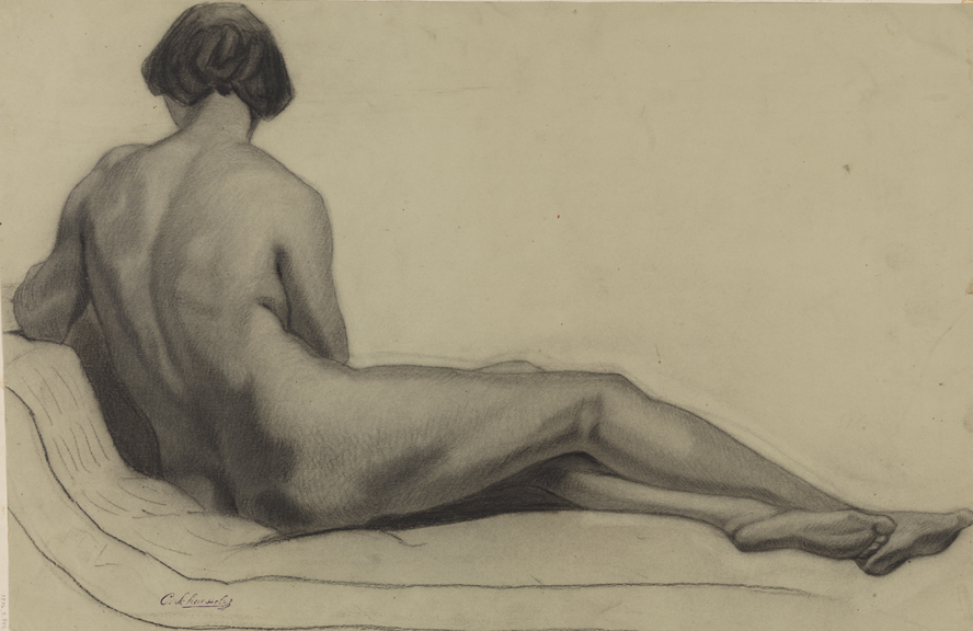 [Figure study: female nude reclining, back view]