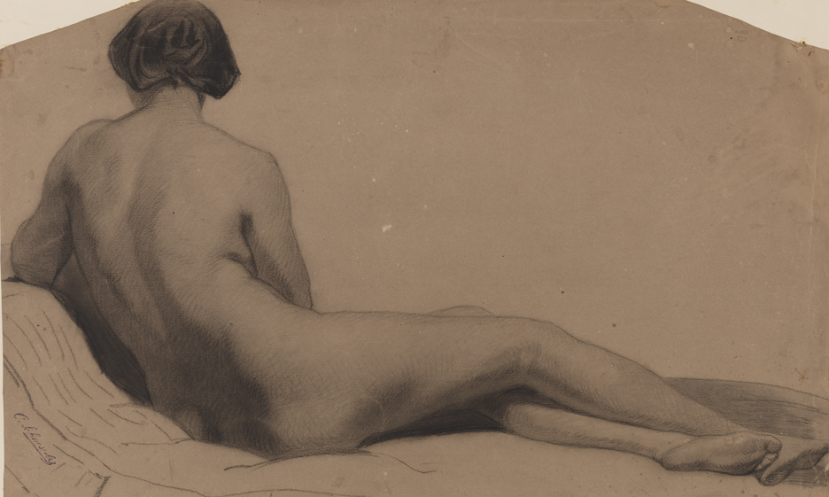 [Figure study: female nude reclining, back view]