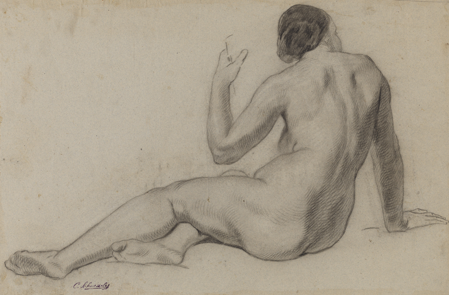 [Figure study: female nude reclining with arm raised-back view]
