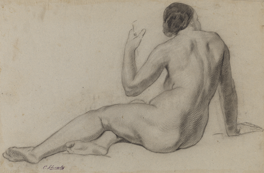 [Figure study: female nude reclining with arm raised-back view]