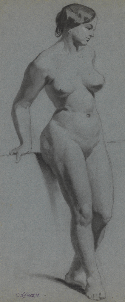 [Figure study: female nude leaning on parapet, facing right]