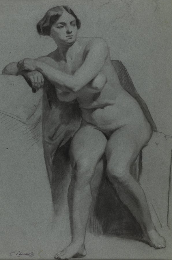 [Figure study: female nude seated, resting on right arm]