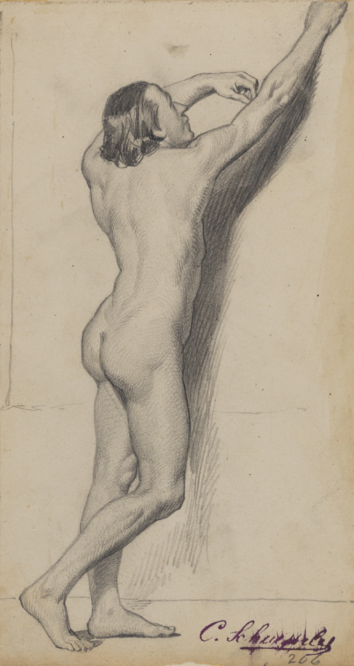 [Figure study: male nude standing with upraised arms - back view]
