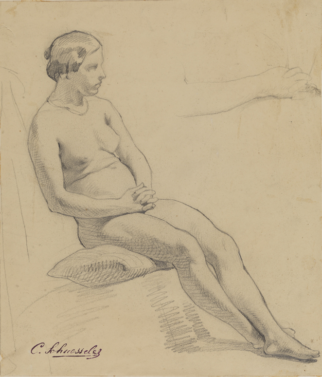 [Figure study: female nude seated with clasped hands]