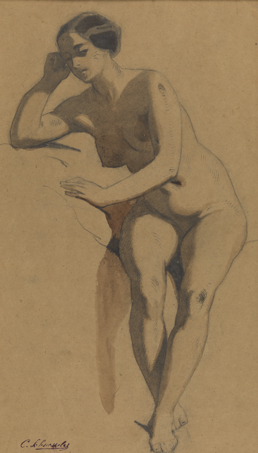 [Figure study: female nude, seated, resting on right elbow]