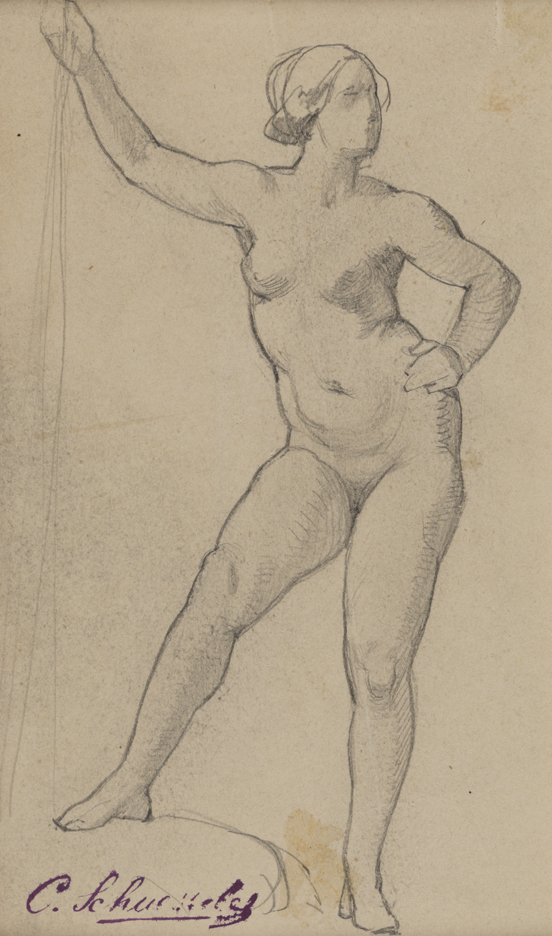 [Figure study: standing female nude with staff, facing right]