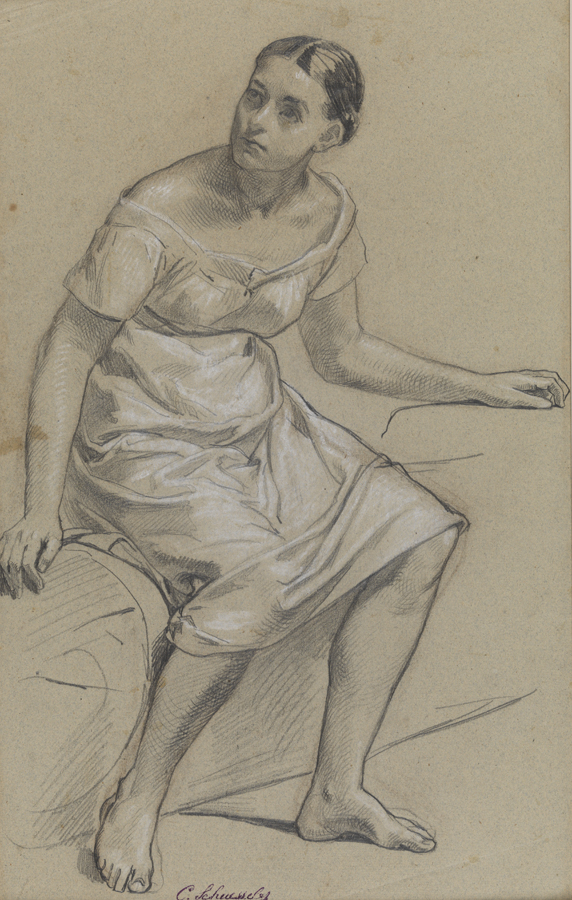 [Figure study: feamle seated, in slip, facing left]