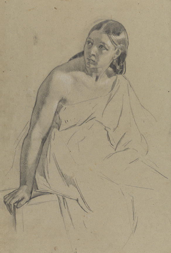 [Figure study: female seated with long hair and drape on shoulder]