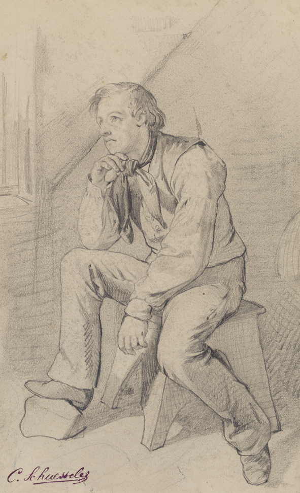 [Figure study: male seated on stool, foot on rock]