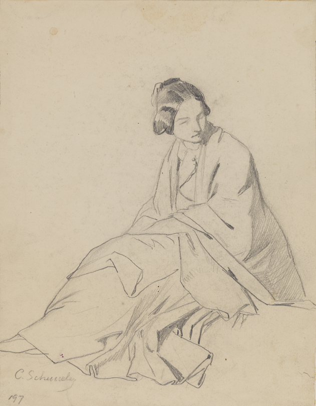 [Figure study: seated woman with shawl and skirt]