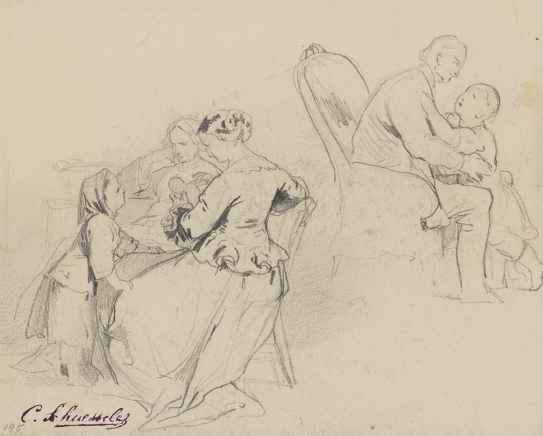 [Figure studies: two women and child, man and child]