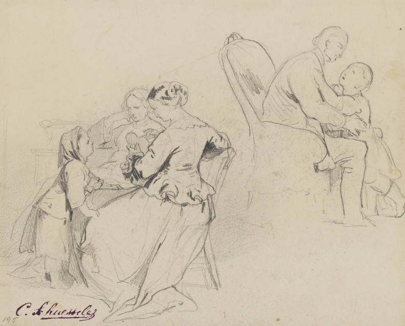 [Figure studies: two women and child, man and child]