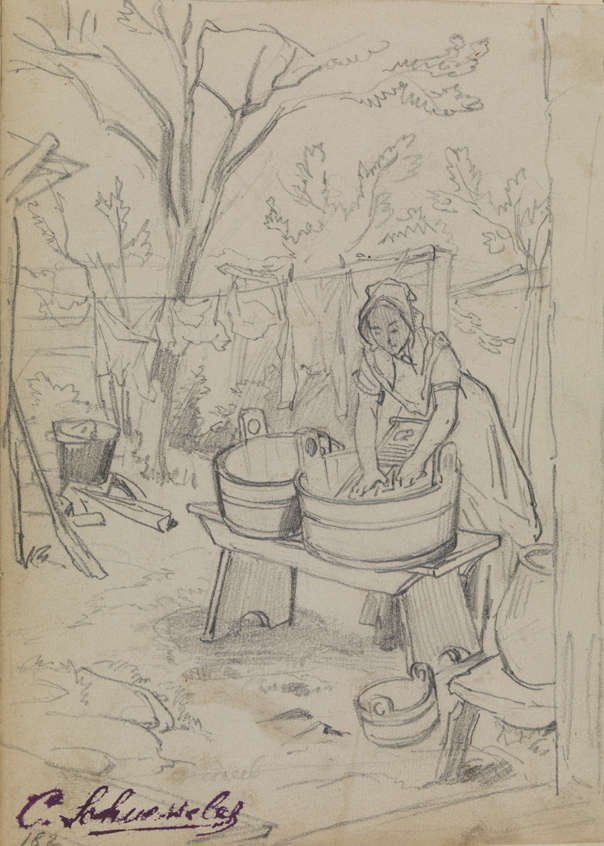 [Figure study: female washing outdoors]