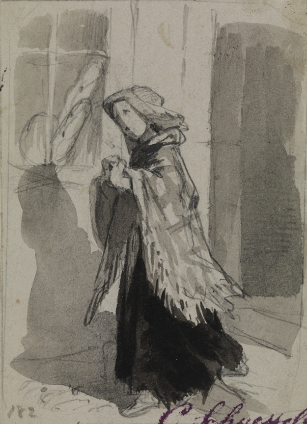 [Figure study: woman with shawl exiting house]
