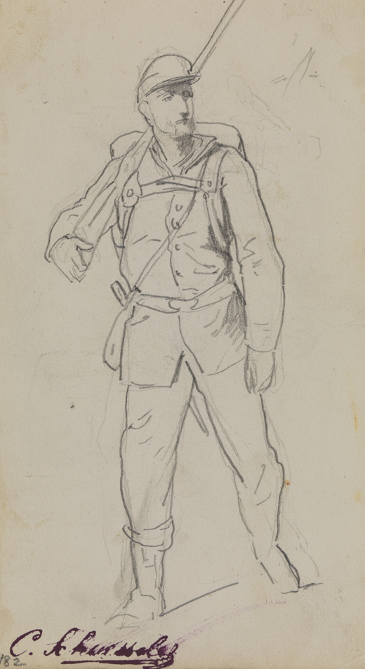 [Figure study: striding soldier]