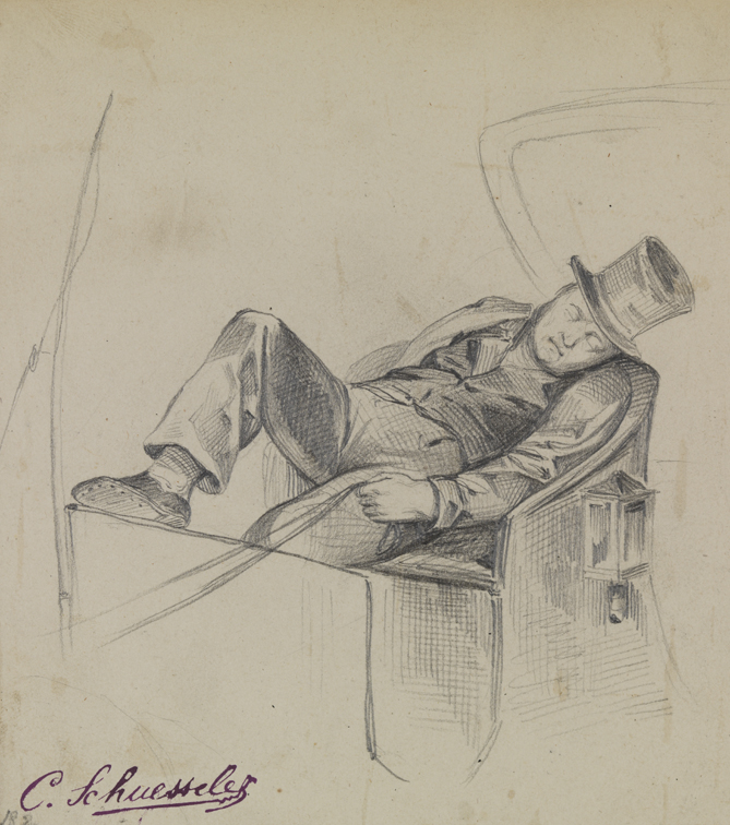 [Driver asleep in horse drawn carriage]