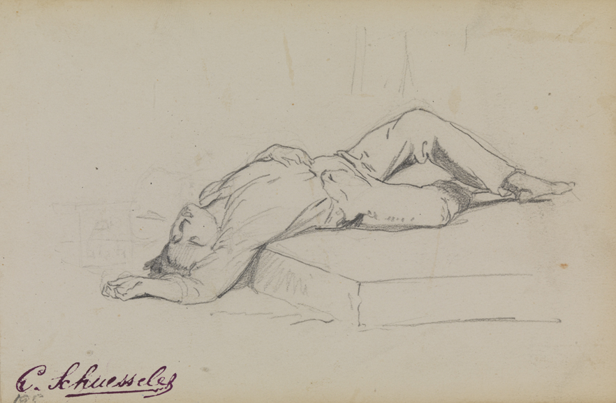 [Figure sprawled on back, down steps]