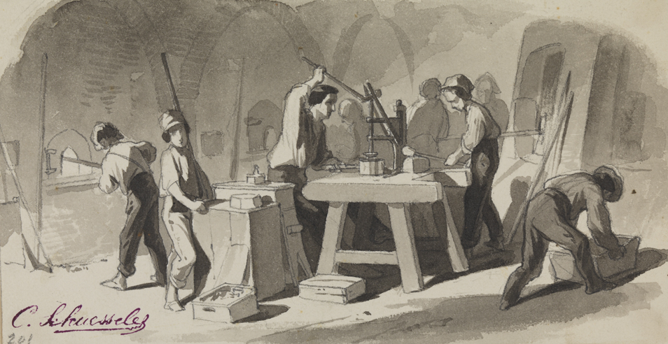 [Glass factory workers: pressing glass]