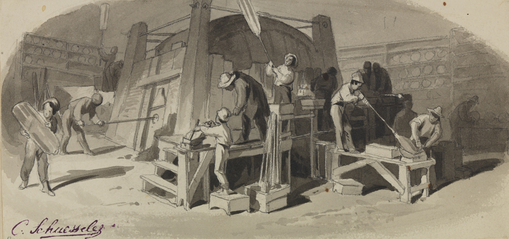 [Glass factory workers: blowing glass]