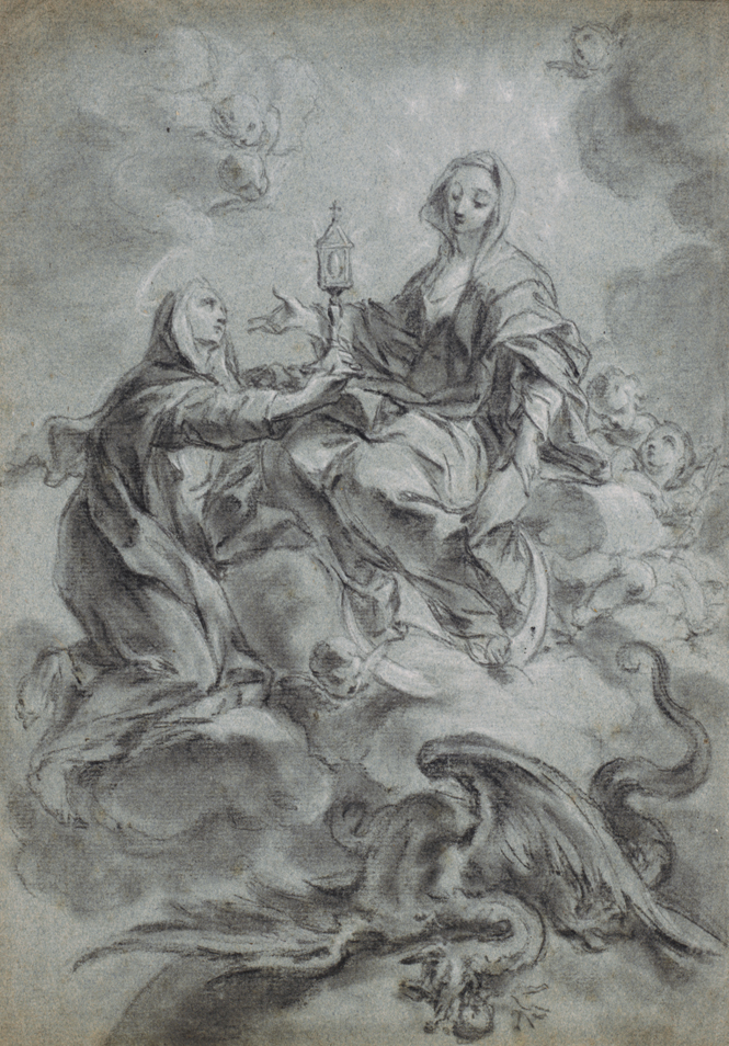 [Virgin on cloud, dragon below]