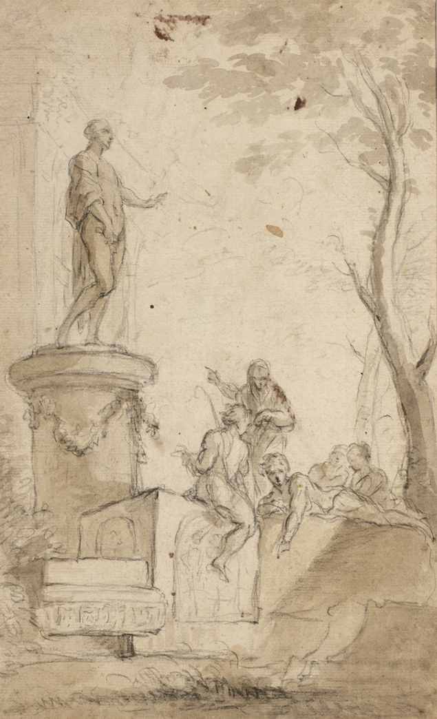 [Figures near statue on pedestal]