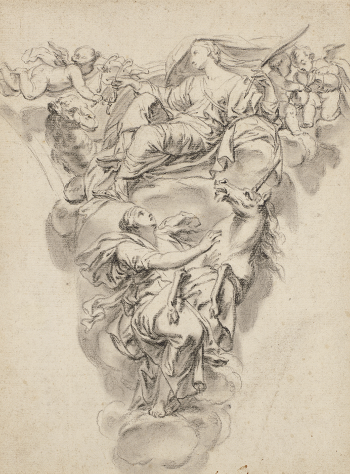 [Two figures on clouds with camel, unicorn and cupids]
