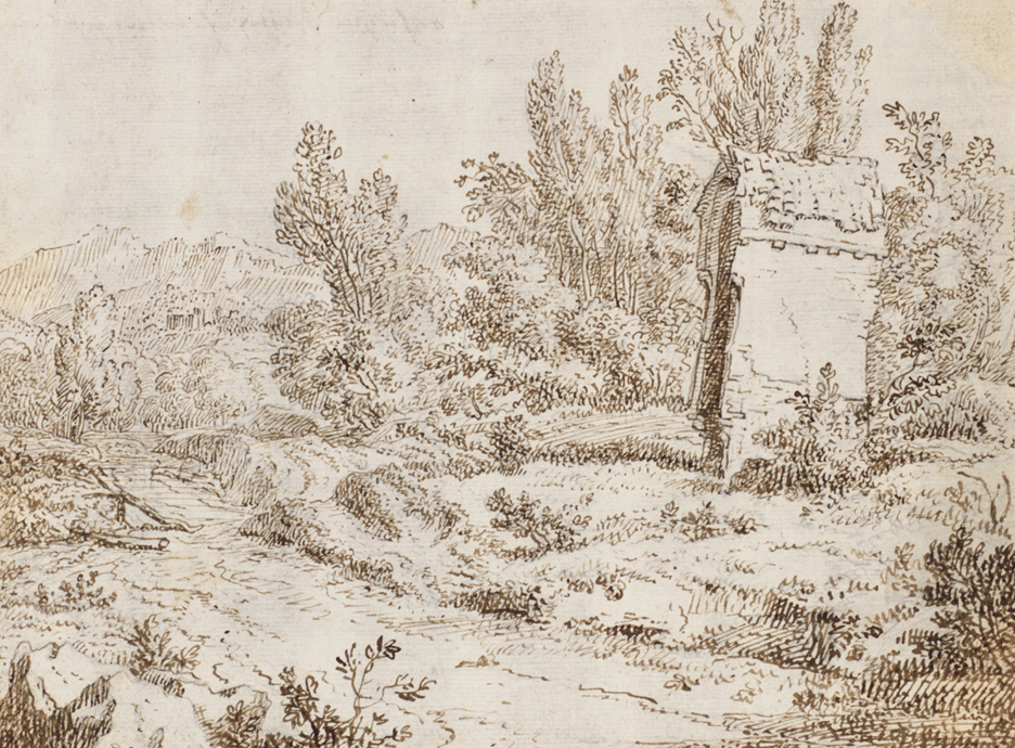 [Landscape with small building]