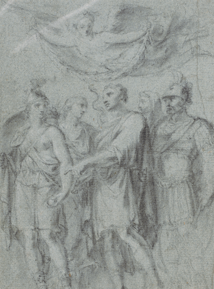 [Standing figures with angel above]