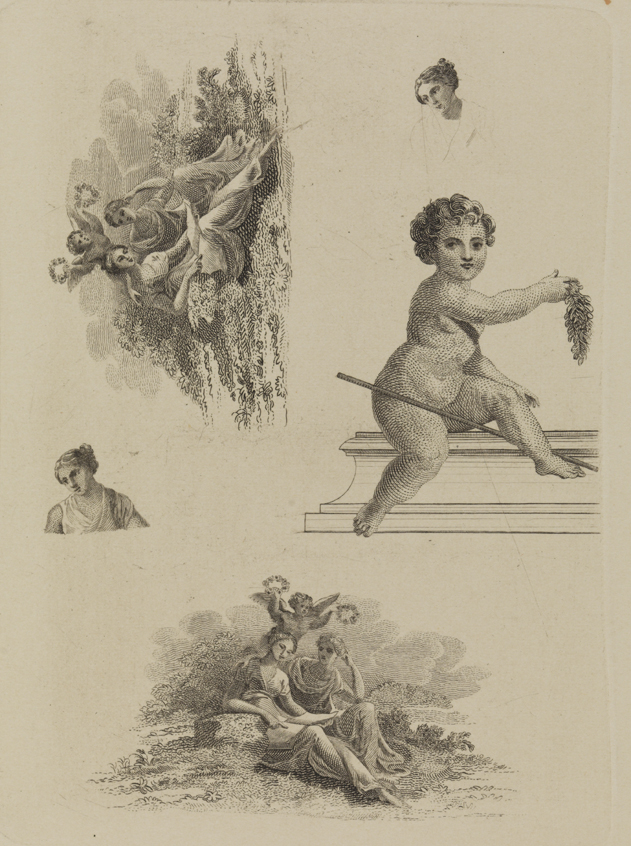 [Putti crowning two women with wreaths (two studies)]; [Woman's head (two studies)]; [Putti with laurel leaves], (five vignettes)