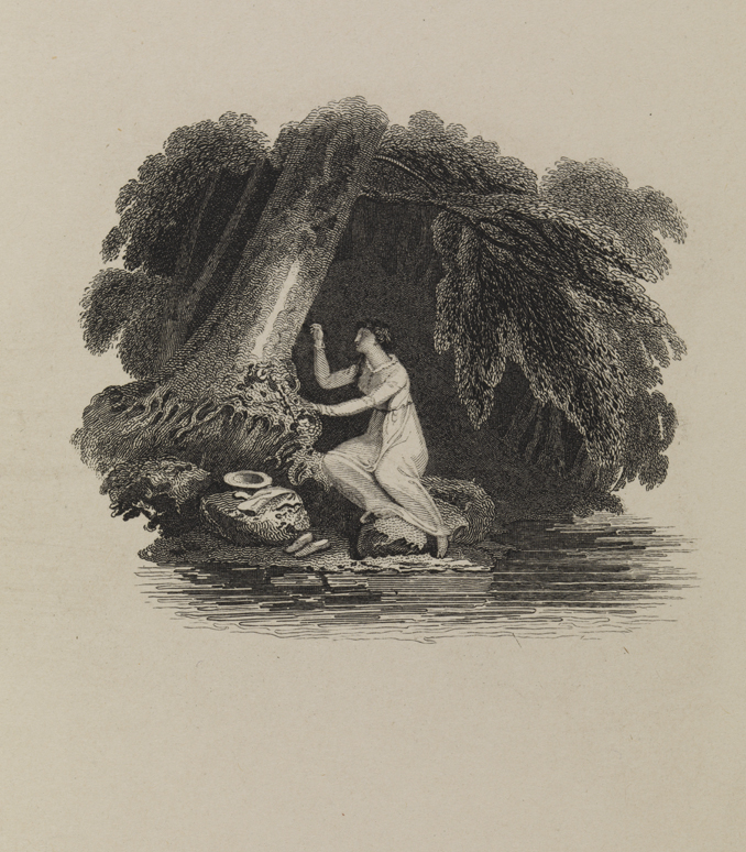 [Woman carving on tree trunk by water's edge]