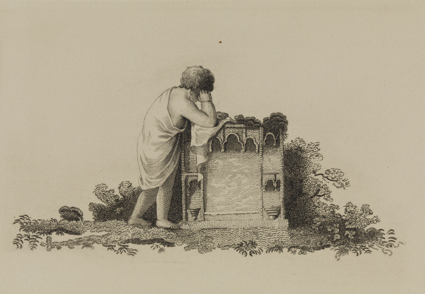 [Child leaning on architectural ornament]