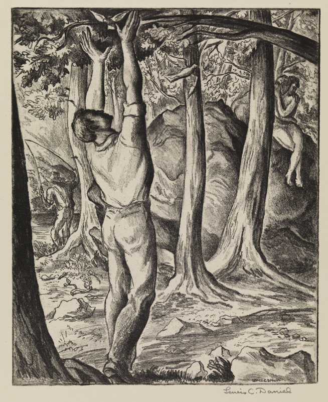 Song of the Open Road [Park scene with four figures: "Why are there trees..."(stanza 7)]