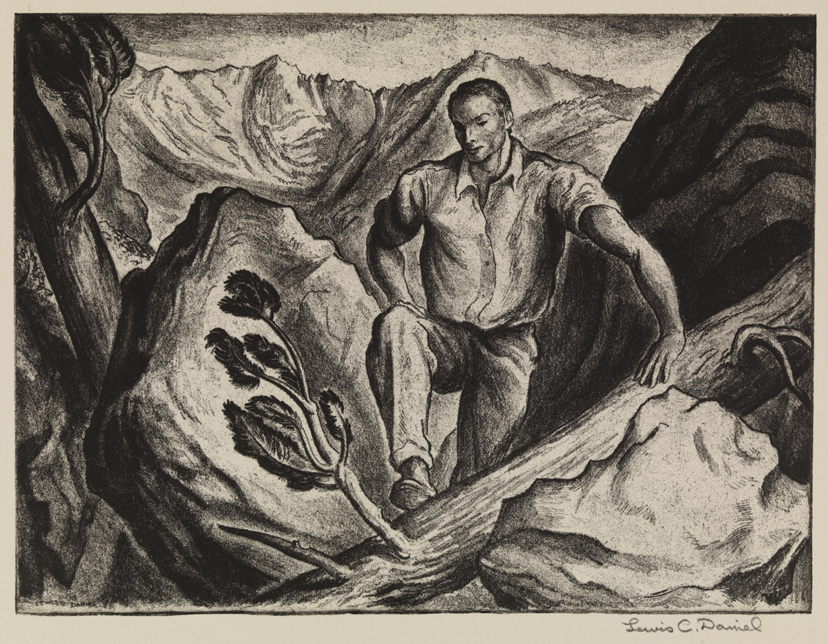 Song of the Open Road [Man climbing over fallen tree: "Be not discouraged--keep on" (stanza 9)]