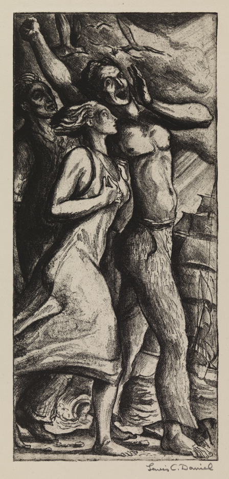Song of the Open Road [Three figures walking along shoreline: "Where winds blow, waves dash, and the yankee clipper speeds by under full sail" (stanza 10)]