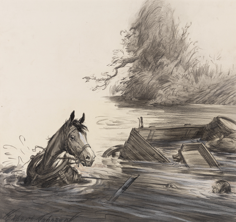 [Horse and wagon broken down in mid-stream]