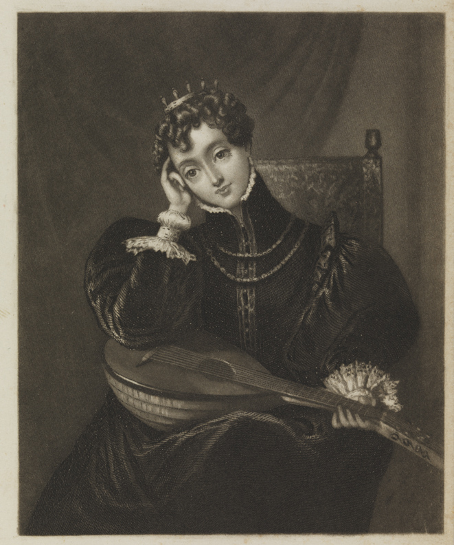 [Woman resting with elbow on lute]