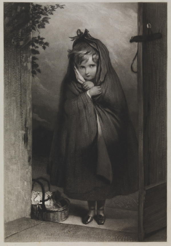 [Girl in cloak standing in doorway]