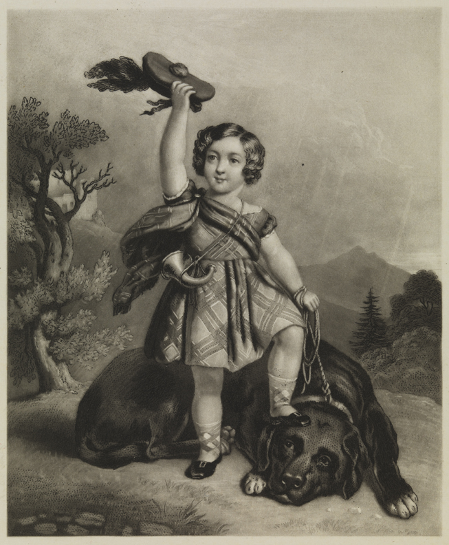 [Scottish child with foot on dog's head]
