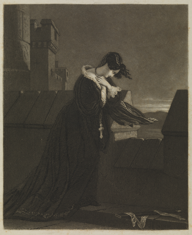 [Woman looking over tower wall]