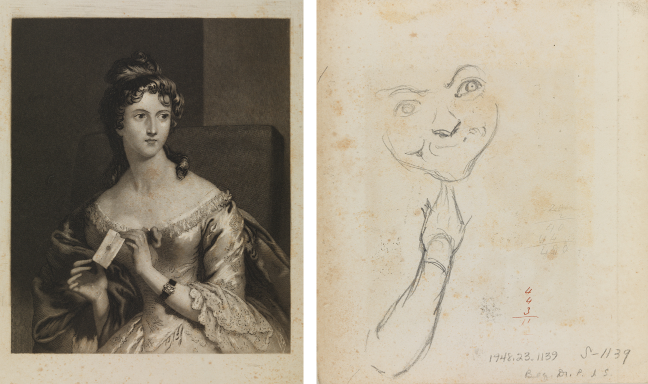 [Woman with card], recto; [caricature sketch], verso