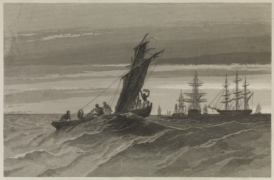 [Sailboat with war ships in background]