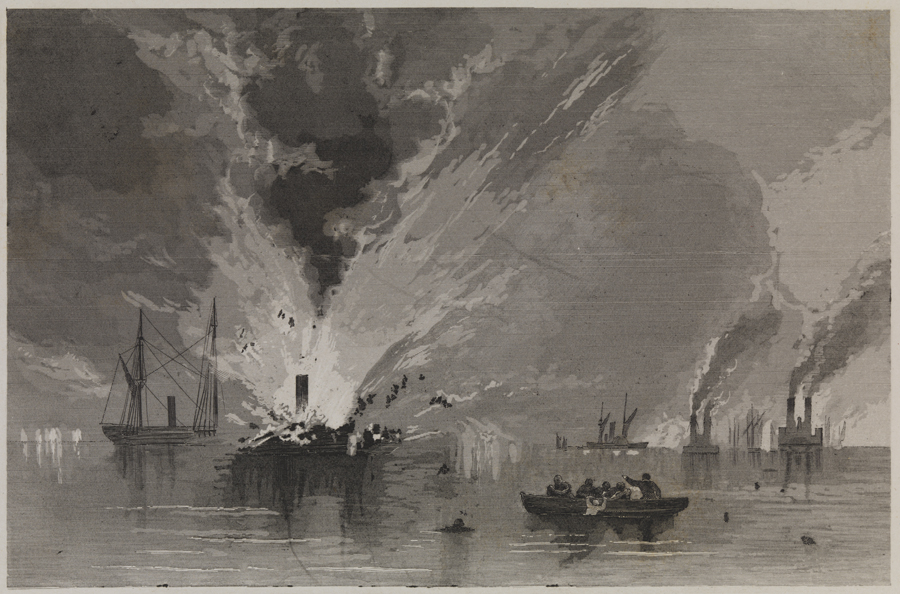 [Boat exploding, warships in background]