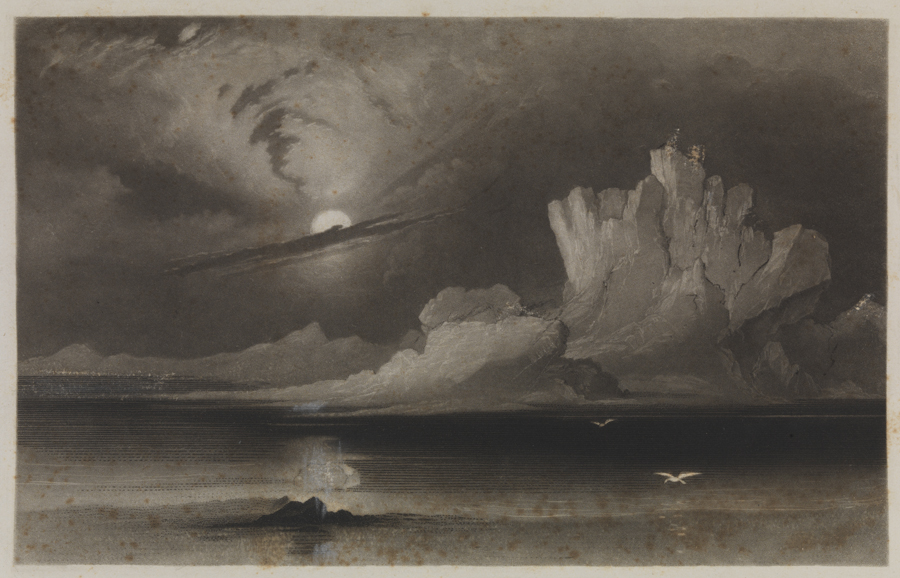 [Seascape at night with glacial rock formation]