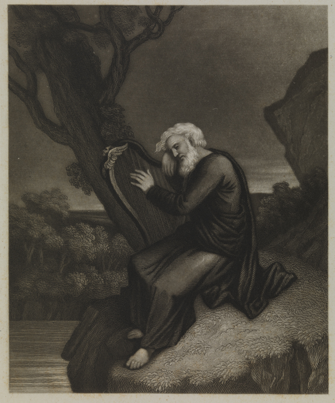 [Old man resting with harp]
