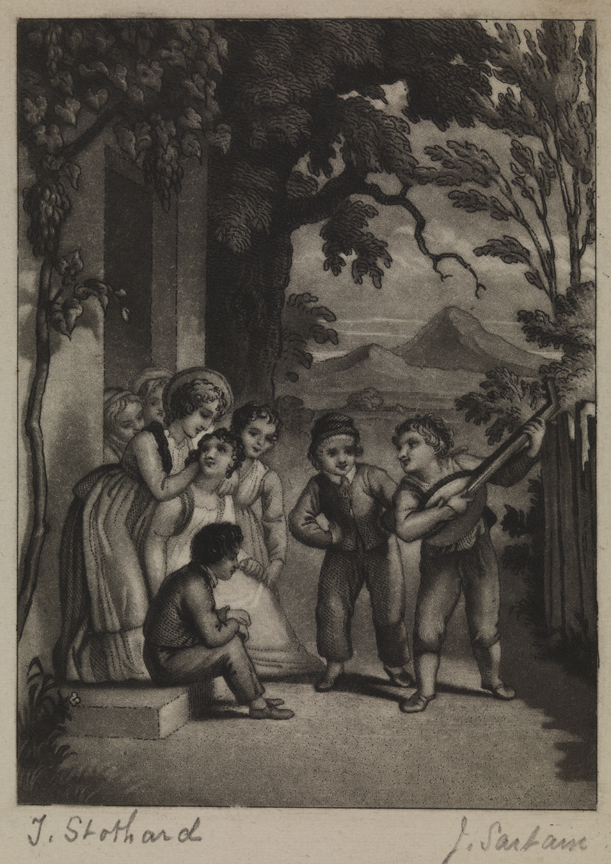 [From Roger's Italy: Women and children in doorway listening to young man playing lute]